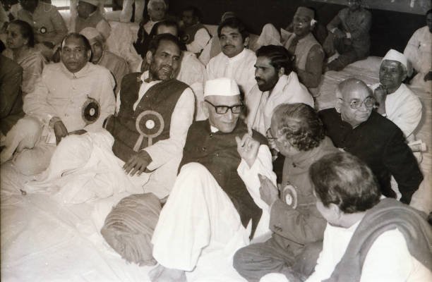 Morarji Desai and Chandra Shekhar (Former Prime Ministers of India) at National executive meeting of Janta Party in Ahmedabad Gujarat on 13th December 1981. (Photo by Shukdev Bhachech/Dipam Bhachech/Getty Images)