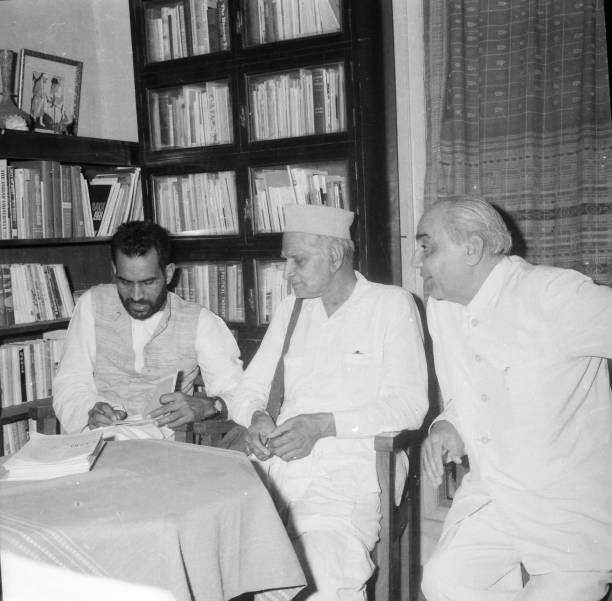 Chnadra Shekhar visits Ahmedabad Library on 18th August 1962, Ahmedabad , Gujarat, India. From his left is Indulal Yagnik (Then MP of Lok Sabha and Leader of Mahagujarat Movement). (Photo by Shukdev Bhachech/Dipam Bhachech/Getty Images)
