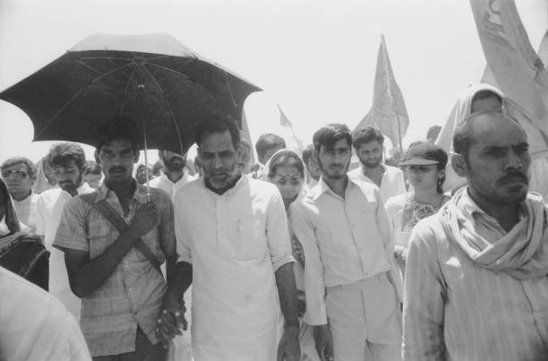 Janata Party president Chandra Shekhar undertook a long walk (Padayatra) through the country from Kanyakumari, Southernmost tip of India to Rajghat, memorial of Mahatma Gandhi in New Delhi covering a distance of nearly 4260 kms from January 6, 1983 to June 25, 1983. The Padayatra was undertaken to renew rapport with the masses and to understand their problems. (Photo by Sondeep Shankar/Getty Images)