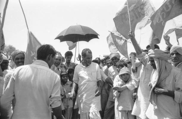 Janata Party president Chandra Shekhar undertook a long walk (Padayatra) through the country from Kanyakumari, Southernmost tip of India to Rajghat, memorial of Mahatma Gandhi in New Delhi covering a distance of nearly 4260 kms from January 6, 1983 to June 25, 1983. The Padayatra was undertaken to renew rapport with the masses and to understand their problems. (Photo by Sondeep Shankar/Getty Images)